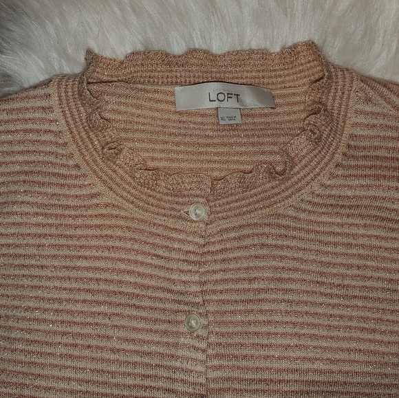 LOFT Sweaters - LOFT Peach Striped Shimmer Button Up Cardigan